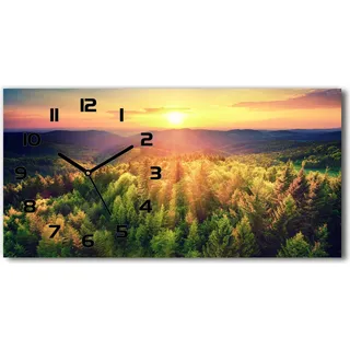 Wanduhr aus Glas – 60x30 cm - Glasbild - Glasuhr - Gehärtetes Glas - schwarze-zeiger - Wald Sonnenuntergang
