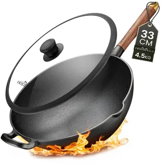 Friedewald® Gusseisen Wok mit Deckel - induktionsgeeignet - 33cm 5L / für 4-6 Personen - alle Herdarten - massive große Grill & Bratpfanne - Anti-Haft Beschichtung - hoher Rand - Schmorpfanne