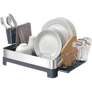 Amig - Geschirrabtropfgestell Siba - 51 x 32 x 24,6 cm - Edelstahl und Kunststoff - Farbe Grau - Abtropfgestell mit Abtropfschale und Besteckhalter - Kapazität für 10 Teller und 4 Gläser