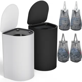 HELLKOPF 2er Pack Wäschekorb mit Deckel 140L Groß Kapazität - Wäschesammler mit 2 Fächer zum Sortieren der Schmutzwäsche, 4 Abnehmbar Innensäcke, Laundry Baskets Einfach Montieren, SchwarzHellgrau