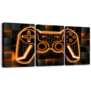 Loussiesd Gamer 3er Poster Set für Wohnzimmer Orange und Schwarz Bild Leinwandbilder Gaming Ombre Büro Wandbilder Geometrische Quadrat Deko Bilder