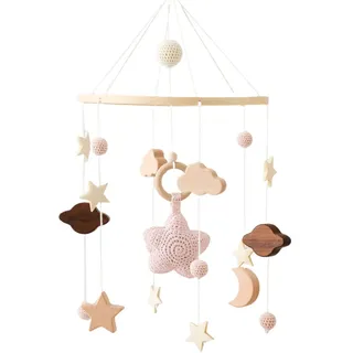 GLITZFAS Babybett Mobile Baby Windspiel, Mobile Baby Holz mit Filzbällen und Wolken Ornament Kinderzimmer Hängende Bettglocke Geschenk für Baby Mädchen oder Jungen, Rassel Spielzeug (Rosa)