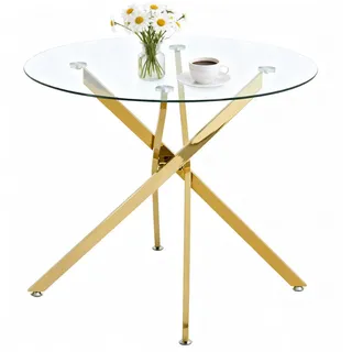 Okwish Esstisch 80/80/76 cm goldfarben aus Glas mit Kreuzfußgestell , Goldfarben , Metall , 80x76x80 cm , Esszimmer, Esstische