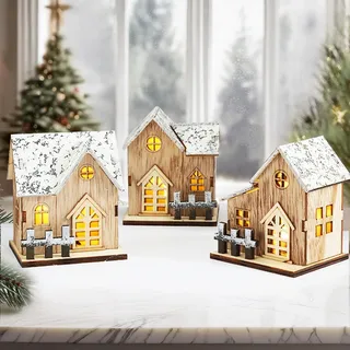 LUKIUP 3 Stück Weihnachtsdorf mit Beleuchtung, Weihnachtshaus Beleuchtet, Weihnachtsdeko Holz LED, Weihnachtshaus Deko, Weihnachten, weihnachtshäuser Weihnachten Weiß