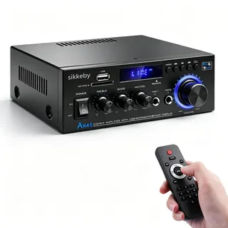 HiFi Verstärker mit Bluetooth AK45 | Mini Stereo Empfänger Audio Audioverstärker 2.0 Kanal 40W × 2 | Karaoke Mikrofon | USB SD FM | Bass Höhenregler | Klein Heim Audio Party Verstärker