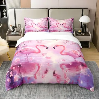 100% Baumwolle Paar Flamingo Bettwäsche Set 135x200 Romantische Kirschblüten Tröster Bezug Tropische Tiere Blumen Bettbezug Rosa Valentinstag Tagesdecke