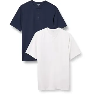 Amazon Essentials Herren Kurzärmliges Henley-Hemd Aus Schnelltrocknendem Jersey, Normale Passform, 2er-Pack, Dunkles Marineblau/Weiß, M