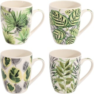 Flanacom Premium Kaffeetassen 4-er Set Florales Design - Große Keramik Kaffee-Becher ca. 300-ml - bunte Tee-Tassen Henkeltassen - Geschenk für Frauen - Kaffeetassen-Set 4-teilig (Green Leaves)