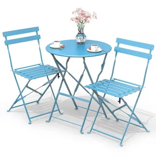 VOUNOT Bistroset 3-teilig, Klappbar Bistrotisch mit 2 Stühlen, Gartenmöbel Set Balkonset Gartengarnitur, Sitzgruppe Metall, Bistro Set Outdoor, Blau