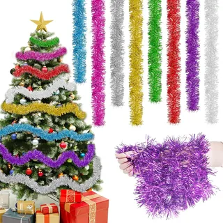 Joxessaien Lametta Weihnachtsbaum 4 Stück × 2 m – Weihnachtsgirlande 8 m Weihnachtsdeko Lametta Girlande in Gold Blau Grün Weiß – Christbaum Deko für Innen & Außen (Silber-Glocken)
