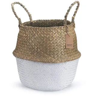 DOKOT Seegras Korb Blumentopf Naturkorb Gewebt Wäschekorb Mit Griff für Pflanze Spielzeug Aufbewahrung (Weiß)
