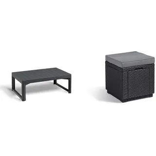 Keter Allibert by Gartentisch Lyon, Graphit, höhenverstellbar, 116 x 71,5 x 66,5 cm & Allibert by Cube Hocker mit Stauraum, grau, inkl. Kissen, Deckel abnehmbar