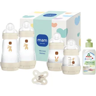 MAM Easy Start Anti-Colic Neugeborenen-Set | 0+ Mon | Babyflaschen Geschenk-Set | 94% Akzeptanz | 96% Hebammen-Empfehlung | 80% weniger Koliken | 4 Trinkflaschen & 1 Original Start Schnuller | beige