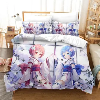 3tlg. Anime Rem Ram 3D Druck Bettbezug Set Cartoon Kinder Bettwäsche Kissenbezug - 200 x 200cm