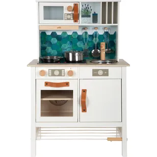 Small Foot Company small foot Kinderküche weiß „Tasty aus Holz, Kochfeld mit Licht und Sound, inkl. 5-teiligem Spielküchen-Zubehör, für Kinder ab 3 Jahren, 12673