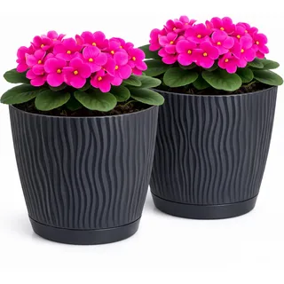 PECZEKO Matte Blumentöpfe - Deko Pflanztopf für Blumen & Kräuter - Langlebige & leichte runde Kunststoff-Pflanzentöpfe für Wohn- Esszimmer, Küche, Terrasse, Balkon - 2er-Set - (Antracyt, ø 17 cm)