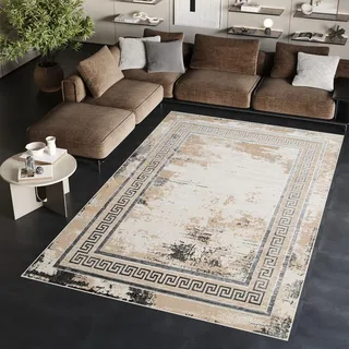 TAPISO Ares Teppich Kurzflor Glänzend Grau Beige Rahmen 180 x 250 cm | Bordüre Barock Klassisch 3D Effekt Wohnzimmer Schlafzimmer OEKO-TEX