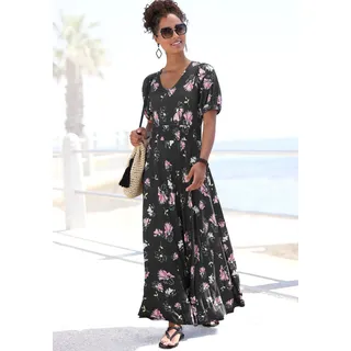 Maxikleid VIVANCE, Damen, Gr. 40, N-Gr, schwarz, mauve bedruckt, Jersey, Obermaterial: 100% Viskose, bedruckt, geblümt, figurumspielend knöchelfrei, V-Ausschnitt, mit innenliegendem Gummizug, Kleider Maxikleid, mit Blumendruck und leichten Puffärmeln, Sommerkleid, casual, Topseller