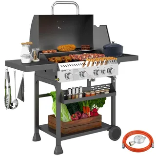 Outsunny Gasgrill 12 KW 4+1 Brenner mit Seitenbrenner 135 x 55 x 103cm | BBQ Grillwagen, aus Edelstahl, Thermometer, Grillrost, Kochfeld, Flaschenöffner, Seitenablagen, für Camping Balkon