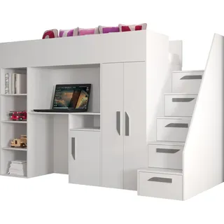 Etagenbett für Kinder Party 14 Stockbett mit Treppe und Bettkasten (Weiß + Weiß Glanz + graue Griffe) - Weiß