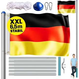 MONZANA® Fahnenmast 6,5m Seilzug Bodenhülse inkl. Deutschland Flagge Deutschlandfahne Fahne höhenverstellbar Flaggenmast Aluminium Teleskop Fahnenstange - Schwarz