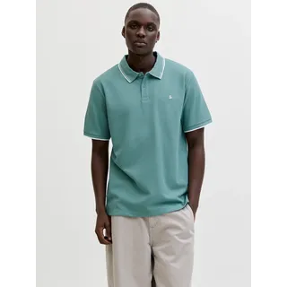 Poloshirt JACK & JONES "JJEAUSTIN POLO SS NOOS", Herren, Gr. S, grün (mineral blau detail:play), Jersey, Obermaterial: 58% Polyester, 40% Baumwolle, 2% Elasthan, bestickt, unifarben, regular fit normal, ohne Ausschnitt, gerader Abschluss, Shirts Poloshirt, Materialmix, regular fit
