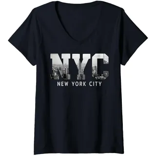 Damen Souvenir mit der Skyline von New York City T-Shirt mit V-Ausschnitt, Schwarz, XL