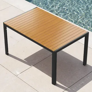 Clevich Wetterfester Gartentisch 140x90 cm, Quadratisch aus Aluminium mit WPC Tischplatte, Outdoor Esstisch für Balkon und Terrasse, pflegeleicht und langlebig, Schwarz+Teak