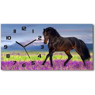 Wanduhr aus Glas – 60x30 cm - Glasbild - Glasuhr - Gehärtetes Glas - schwarze-zeiger - Pferd auf dem Lavendelfeld