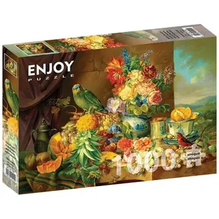 ENJOY Puzzle Josef Schuster: Stillleben mit Blumen, Obst und Papagei 1000 Teile