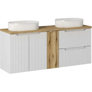 Badezimmerschrank mit Aufsatz und 2 Waschbecken 140 cm weiß matt + Eiche