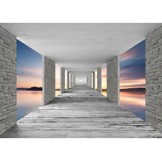 Runa Art Fototapete 3D Meer Sonnenuntergang 352 x 250 cm Vlies Tapeten XXL Moderne Wandtapete Wohnzimmer Schlafzimmer Grau Blau Orange 9157011b
