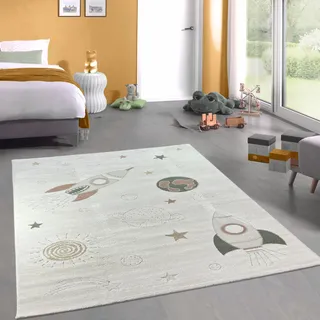 CARPETIA Kinderteppich Weltraum Raketen Planeten Creme Grau 120x170 cm | Weich, pflegeleicht, strapazierfähig und langlebig, OEKO-TEX geprüft, für Fußbodenheizung, Kinder-, Baby- & Krabbelzimmer