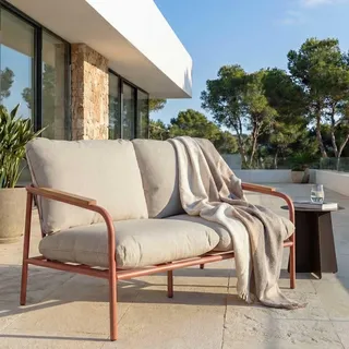 Aluminium-Gartenbank HWC-O11, Outdoor 2-Sitzer Sitzbank Sofa, Olefin Stoff (205 g/m2) 125cm  terrakotta Polster beige - Rot