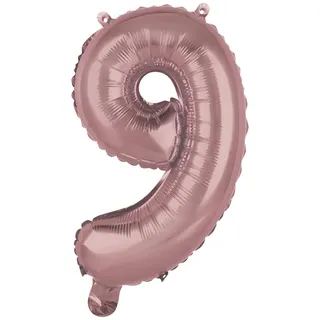 Homéa, Ballon Zahl 9, Metallise, aus Aluminium, mit Strohhalm, Höhe 40 cm, Roségold