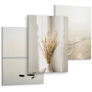 Muralo Leinwandbilder 3-er Set Meer Pflanzen 3D , Weiß, Beige, Braun, Grau , Textil , Wasser/Strand/Meer, Baum/Pflanze/Natur, Tiere , Rechteckig , 90x40 cm , Bilder & Rahmen, Bilder