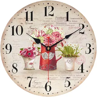 TAHEAT 34 cm Bunt Blumen Wanduhr, Hölzern Rustikal Land Uhren, Dekorativ Genau Leicht zu lesen Wanduhr für Wohnzimmer/Schlafzimmer/Bad/Küche Dekor