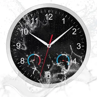 NESIFEE Outdoor Wasserdicht Wanduhr Funk Uhr mit Temperaturanzeige und Hygrometer Funkuhr Wand Lautlos Funkwanduhr Geräuschlos Groß Modern Schwarz Wanduhr Wohnzimmeruhr Küchenuhren Badezimmeruhr