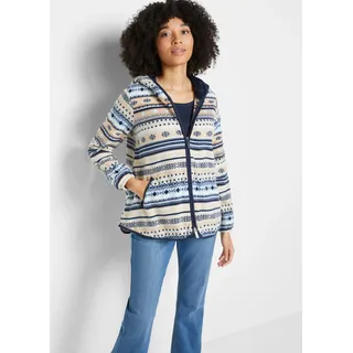 Fleecejacke BONPRIX "Kapuzen-Fleecejacke mit Norweger-Muster", Damen, Gr. 52/54 (XXL), beige (kieselbeige, weiß norwegermuster), Fleece, Obermaterial: 100% Polyester. Kapuzenfutter: 100% Polyester, gemustert, A-Linie Po-bedeckend, Rundhals, elastischer Bund, Jacken Fleecejacke, mit Norweger-Muster, mit Kapuze, kuscheliges Material
