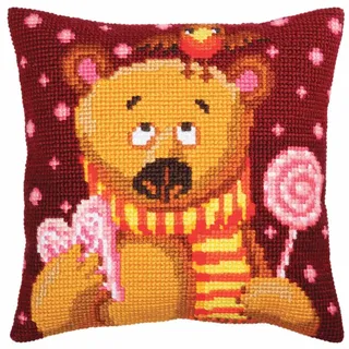 Collection d'Art 5394 Teddy mit Lutscher Kreuzstichkissen, Baumwolle, Mehrfarbig, 40x40cm