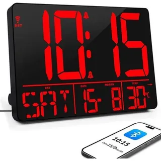 Grote digitale Wanduhr mit automatischer Zeitkalibrierung, 13'' LED-Anzeige, Wanduhr mit Uhr/Datum/Temperatur/Timer/Wecker (Bluetooth-Verbindung) - Schwarz