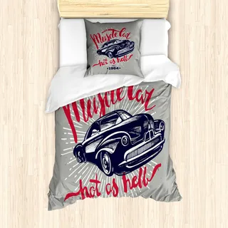 ABAKUHAUS Autos Mantele, Muscle Car Hot as Hell, Milbensicher Allergiker geeignet mit Kissenbezügen, 135 cm x 200 cm - 80 x 80 cm, Marine-Blau-Rot Hellgrau
