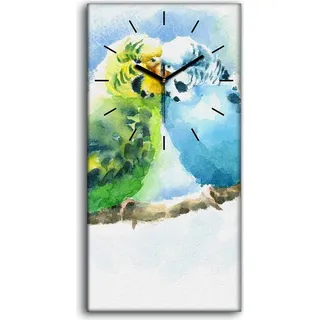 Wanduhr Leinwand Bild Uhr 30x60 Aquarell Haustiervögel Wellensittiche - schwarze Hände