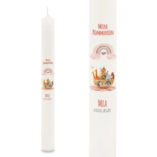 GRAVURZEILE Bedruckte Stabkerze - Arche Regenbogen - Personalisiert mit Name & Datum - Geschenk zur Taufe, Kommunion oder Konfirmation - Für Jungen & Mädchen - Altarkerze 400/40 mm - Farbe: Rot