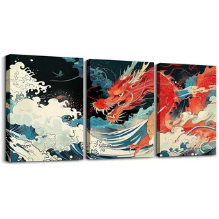 Loussiesd Antiker Drache 3er Poster Set für Wohnzimmer Japanischer Drache Leinwandbilder für Schlafzimmer Badezimmer Leinwandbilder Japan Welle Gemälde Asiatischer Drache Bilder Home Dekor