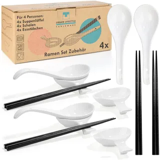 Urban Lifestyle Premium Ramen Löffel Set aus Porzellan für 4 Personen 4x Große Suppenlöffel, 4x Dipschalen mit Essstäbchen-Ablage & 4 Paar Essstäbchen Ramen Zubehör Set Weiß