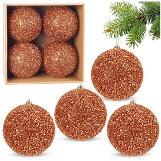 Brubaker Glitzer Weihnachtskugeln - 4er Set große Glitter Baumkugeln - 10 cm Christbaumkugeln Bruchsicher aus Kunststoff - Christbaumschmuck für Weihnachtsdeko - Weihnachtsbaumkugeln - Orange