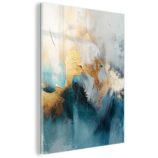 MuchoWow© Glasbild Wall Art Decoration Bilder für die Wand Schlafzimmer | 60x80 cm - Deko Canvas Painting Wanddekoration Wohnzimmer Abstrakt - Kunst - Gold - Blau