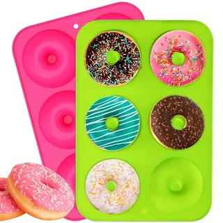 trabag 2 Stück Silikon Donutformen, 6 Fächer Backutensilien mit Antihaft-Beschichtung, Hitzebeständig bis 260°C für Kuchen, Kekse, Bagels, Muffins (Grün und Rosa)