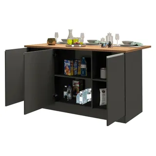 Kücheninsel Dcarnelo, zusätzlicher Ablagetisch, 3-türiger Küchenschrank, 100 %  Italy, 155 x 90 x 90 cm, Anthrazit und Eiche - Braun